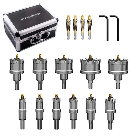 Beast Pro Grade Tungsten Carbide Hole Saw Kit Set In Durable Case 17 Pieces Heavy Duty For Metal Wood Plastic And Stainless Steel Includes Detachable Pilot Bits And 2 L Wrenches Wide Diameter Range From Nine Sixteen To Two And One Eighth Inches.