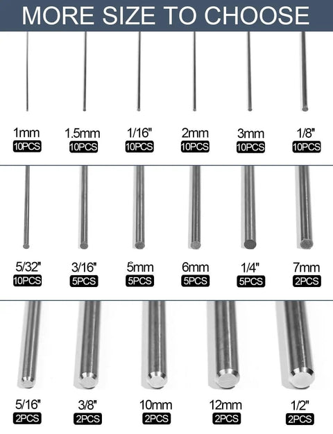 Durable 10mm 304 Stainless Steel Round Rods 12 Inch 305mm Solid Metal Rods for DIY Crafts Metalworking and Industrial Projects Corrosion Resistant 2 Pack shown with various sizes.