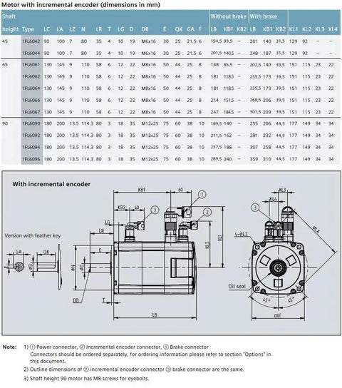 CHUNYE S-1FL6 servo motor with holding brake and incremental encoder; 2 kW, 9.55 Nm, side and front CAD views