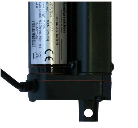 Close-up of 2 Inch Stroke Linear Actuator 12V DC Outdoor Rated IP65 with 225 lb dynamic lift capability, black and silver design.