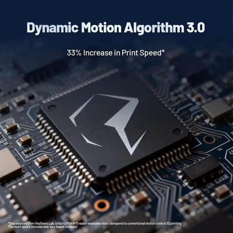 Close-up of circuit board with Dynamic Motion Algorithm 3.0 text showcasing RS Resin 3D Printer technology benefits