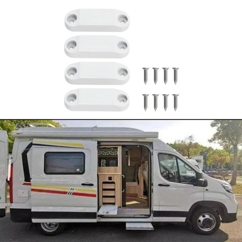 RV Baggage Door Holder Latch Keep Doors Open 4 Pack for Camper storage, shown with screws next to an open travel trailer.