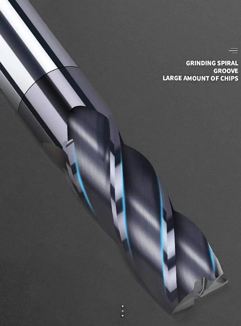 Carbide End Mill Set For CNC Machining With 4 Flutes, Pro Grade Tungsten Steel, close-up of milling cutter showing spiral grooves.