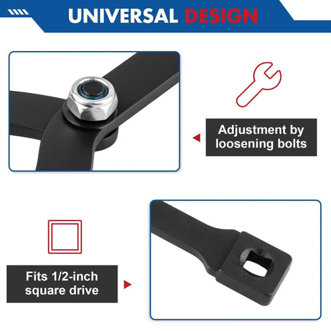 Jiimee 15-piece pulley holder tool kit; front view of universal adjustable spanner wrench with 1/2 in drive