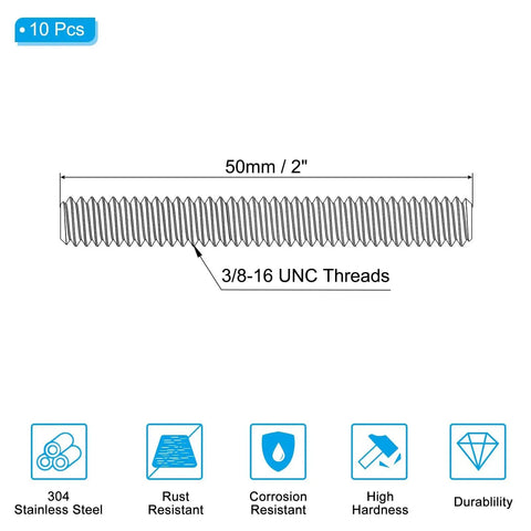 3/8-16 UNC Fully Threaded Stainless Steel Rods 2In 10Pcs Anchors Clamps U Bolts, 50mm long, rust-resistant, corrosion-resistant