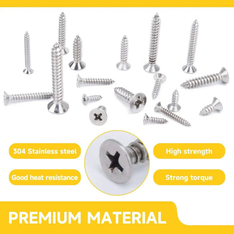 542 Piece Stainless Steel Screw Kit With Phillips Flat Head Screws In Sizes Four Through Twelve For Woodworking And Metal Projects Including Self Tapping Screws Made From 304 Stainless Steel For Home DIY displayed on white background