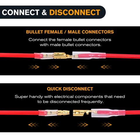 3.9mm Bullet Connectors Set For 22-16 AWG Wire, Brass Male And Female Terminals With Insulation Sleeves in connected and disconnected views