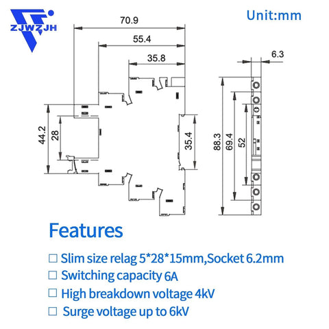 Dimensions of Ultra Compact 110V AC DC Power Relay With LED Indicator No Fuss Easy Install SPDT 1NO 1NC 6 Amp Socket Base And DIN Rail Mount UL Listed 110V To 120V Subminiature Relay HF41F60ZS Style, showing relay measurements and specifications