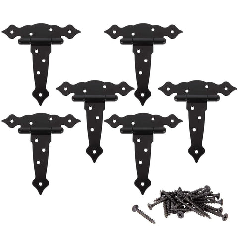 Six Pack Heavy Duty 5 Inch Gate Hinges Strap Hinges for Barn Doors with mounting screws, durable iron construction, black finish.