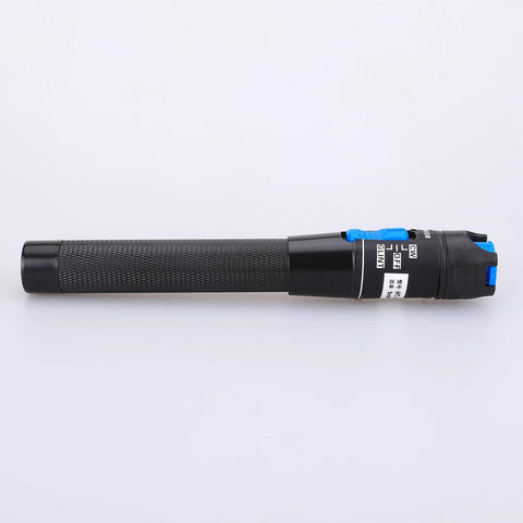 Aluminum pen-type fiber optic VFL tester with FC/SC/ST 2.5 mm adapters; black knurled body and blue end caps.