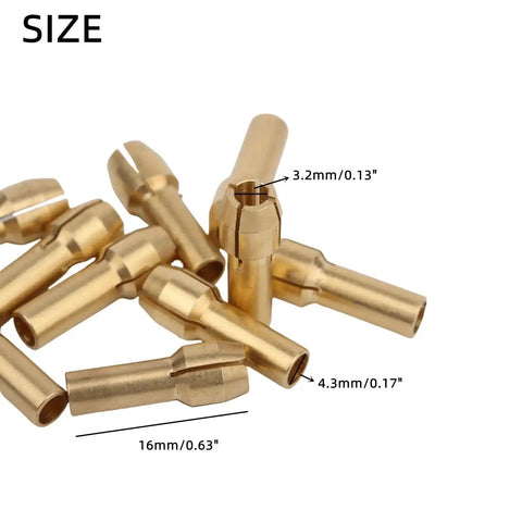 10 Pack Brass Collet Nut Adapters 3.2mm Replacement for Dremel Rotary Tools, showing size dimensions 3.2mm and 4.3mm