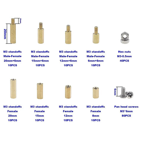 M3 Brass Hex Spacer Standoff Kit With Male And Female Nuts And Screws 200 Piece Assortment In Plastic Box Includes 4.7mm Hex 6mm Male Length 8 To 20mm Female Lengths 0.5mm Thread Great For RC And DIY Projects layout