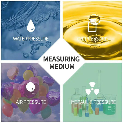 Measuring medium graphic showing water, oil, air, and hydraulic pressure for 60 Psi Silicone Oil Filled Pressure Gauge For Water Oil And Air Systems With A Two And A Half Inch Stainless Steel Case And Lower Mount NPT.