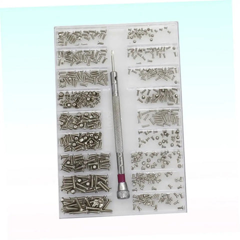 Miniature Screw Kit Set For Glasses Laptops Watches And Electronics With Durable Portable Storage Case showing screws and tool