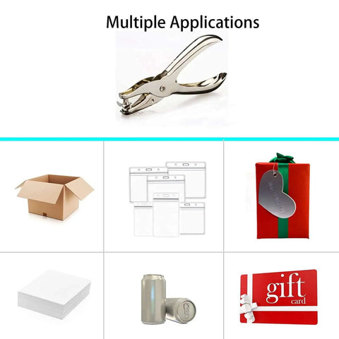Circle Hole Punch Kit With One Quarter And One Eighth Inch Sizes Handy Handheld Puncher shown with various applications like boxes and tags.