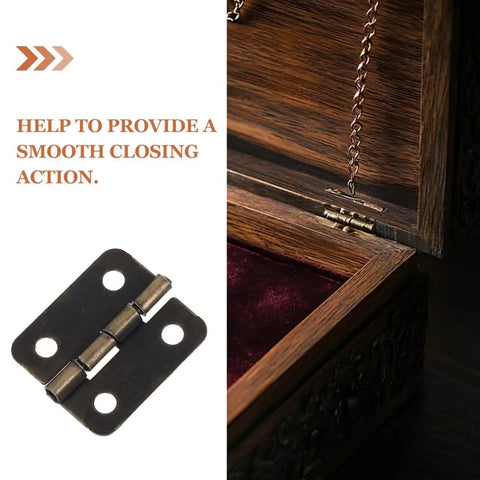 1:12 Scale Miniature Bronze Hinges Set Of 20 With 80 Screws For Dollhouse Furniture Cabinet Closet DIY Projects Antique Brass Finish 0.70 x 0.62 x 0.15 Inches shown installed on a wooden box.