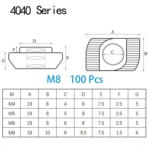 Diagram of 100 Pcs M8 T Slot Nuts Hammer Head Fasteners for 4040 Aluminum Profiles with measurements and size chart.