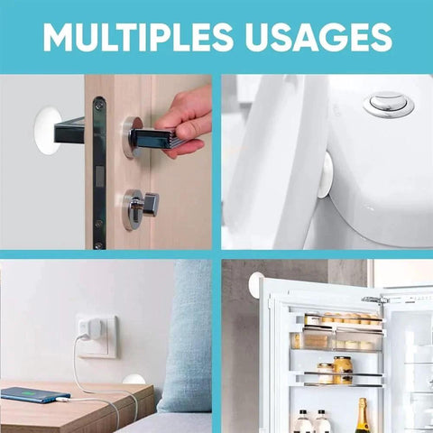 Three Piece Wall Doorstop Set With Self Adhesive Silicone Bumper Pads used on door, toilet, couch, and refrigerator for wall protection.