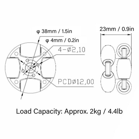 Technical diagram of Compact 38mm Omnidirectional Wheel With 8 PU Rollers And Metal Hubs For Small Robot Cars And Toy Platforms Double Aluminum Bidirectional Wheel
