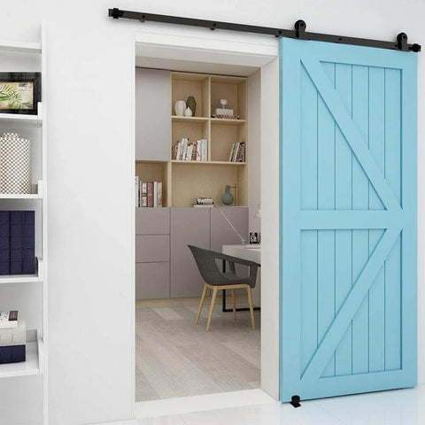 Installed Five And Half Foot Sliding Barn Door Hardware Kit with frosted black finish, showcasing adjustable floor guide and top mount track for barn wood doors.