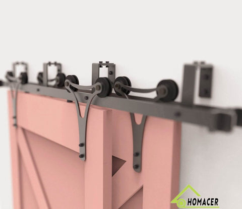 Rustic Black Sliding Barn Door Hardware Kit For Double Doors With 20ft Flat Track And U Shape Bypass Brackets, side view