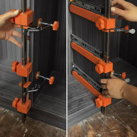 Hands using Pro Grade Drawer Slide Installation Kit With Laser Dual Scale Markings And Magnetic Arm for cabinet mounting