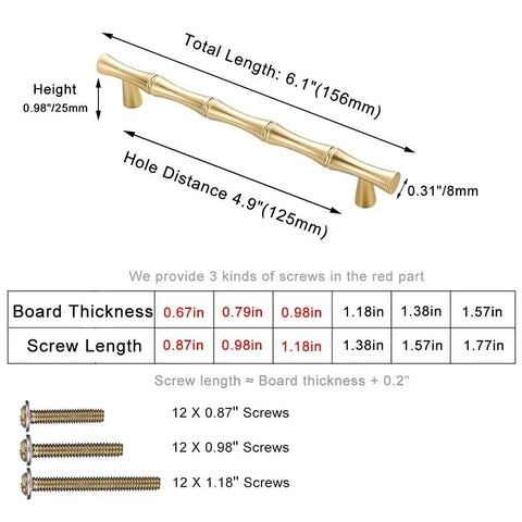 Dimensions and screws of Bamboo Shape Solid Zinc Alloy Cabinet Knobs Set Of 6 In Golden Finish For Drawers
