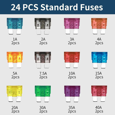Inline Automotive Blade Fuse Holder Kit With 24 Car Fuses Pack Of 5 Heavy Duty Quick Attach Circuits shown with various fuse ratings