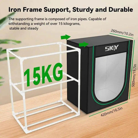 Ultimate 3D Printer Filament Storage Box With 2 Tier Shelves, iron frame support showing dimensions and 15kg weight capacity.