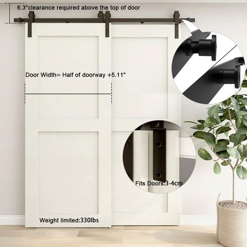 Sliding Barn Door Hardware Kit For Double Wooden Doors, 6FT Single Track System, Easy To Install, in use showing white doors