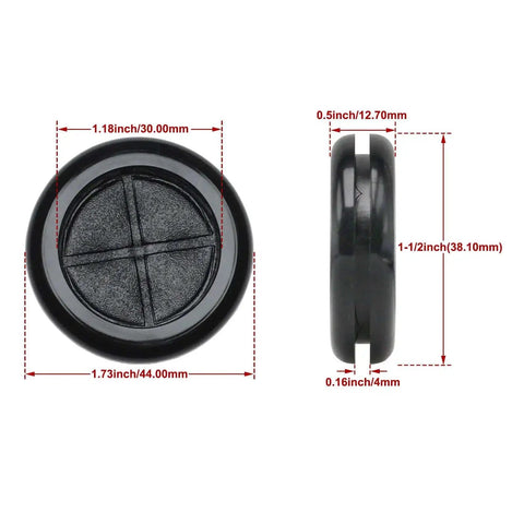 Eight Pack One And A Half Inch Drill Hole Rubber Grommets Black Double Sided Cable Plugs Front and Side View, Measurements Shown