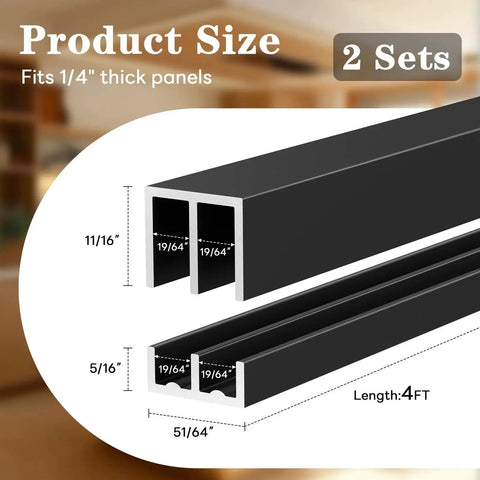 Metal Sliding Door Track Kit Two Sets 48 Inch Length For One Quarter Inch Thick Panels Cabinet Glass Closet Sliding Doors Hardware Black Finish