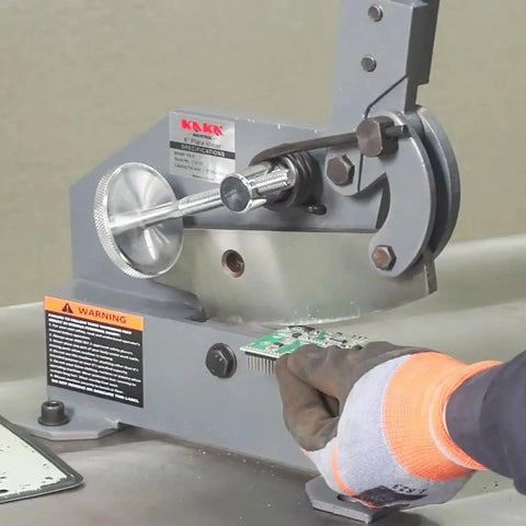 No Fuss Effortless 5 Inch Metal Shear With Long Lever Handle For Heavy Duty Sheet Cutting On Steel Copper And Aluminum Ideal For Auto Repair DIY Workshops HVAC Duct Trimming And Fabrication Arch Top Design Reduces Strain And Speeds Up Every Cut HS5 in use cutting metal