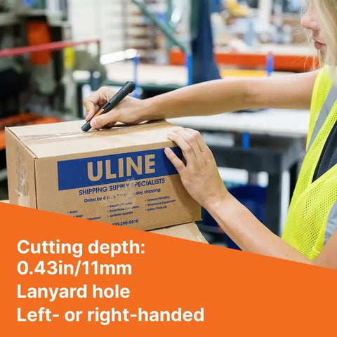 Person using Ceramic Box Cutter Pen Style Utility Knife With 3 Position Manual Blade For Cardboard Boxes And Packages