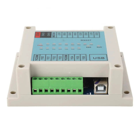 Front view of Programmable Logic Controller PLC Position Switch for 12V to 24V Systems with green terminals and USB port.