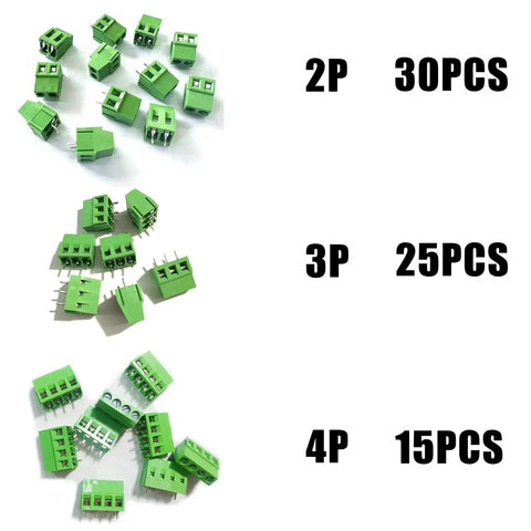 Green 2.54mm Pitch Screw Terminal Block Kit includes 70 pieces of 2P, 3P, and 4P connectors, PCB mount, Arduino DIY projects.