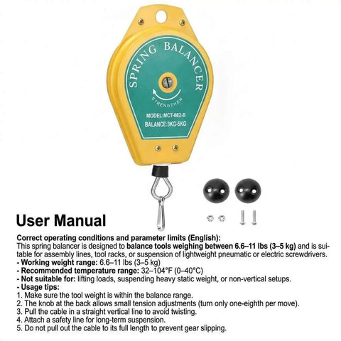 Heavy Duty Spring Balancer Set Two Pack 6.6 to 11 Lb Range Retractable Tool Fixture Holder with hook and manual.