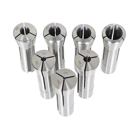 Spring Collet Set R8 Size One Eighth To Seven Eighths Inch In Steel Seven Piece Kit for CNC Milling, steel collets arranged upright