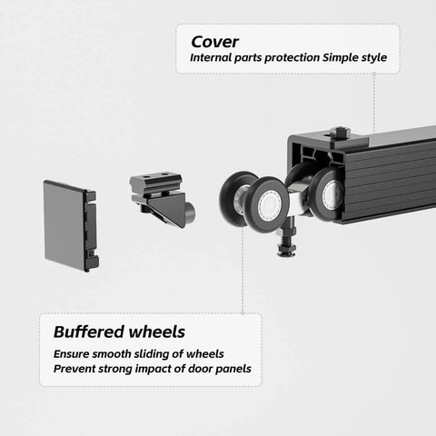 Close-up of 10 Ft Box Rail Sliding Barn Door Hardware Kit Aluminum Alloy Wall Mount showing buffered wheels and cover