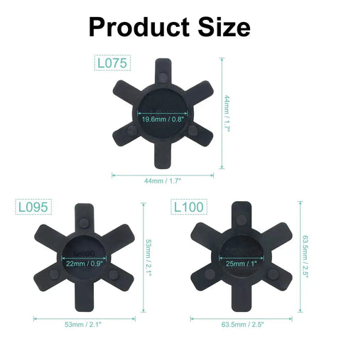 Six Pack L Jaw Coupling Inserts In Flexible Solid NBR Rubber For L075 L095 L100 Jaw Couplers with diameter details.
