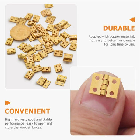 30 Piece Mini Copper Hinges for Tiny Wooden Boxes Jewelry Boxes and DIY Projects 8 By 10 Mm Micro Miniature Cabinet Hardware Rust Resistant for DIY Folks and Woodworking Fans displayed with a close-up on a finger.