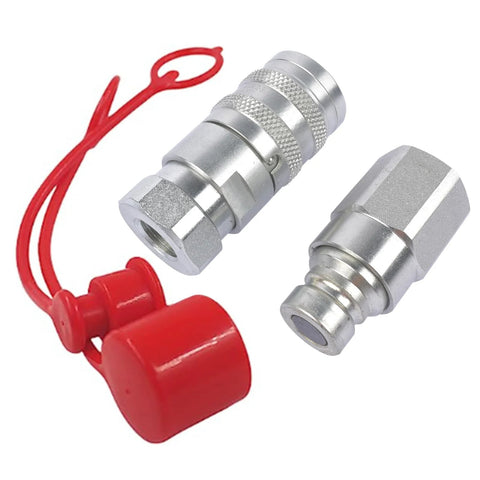 GELUOXI 1/4 NPT hydraulic quick-connect coupler set with red dust caps; two metal adapters.