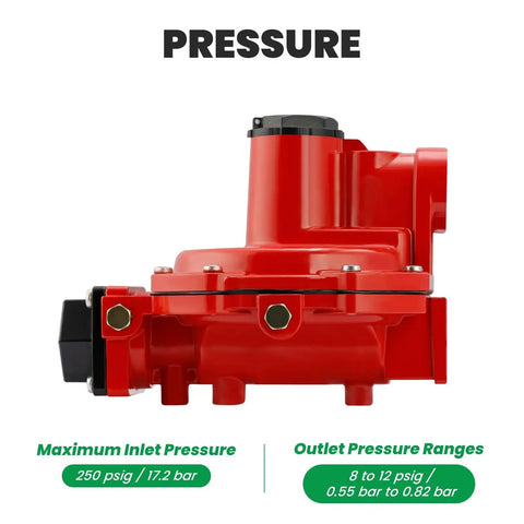 One Stage Propane Regulator For LP Gas Equipment With Back Mount Watflow Quality, Eight To Twelve Psi Output, side view showing pressure details