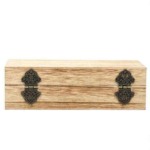 Antique Bronze Engraved Hinge Set 20 Pieces Hollow Carved Design For Jewelry Boxes on wooden box front view