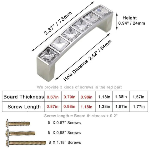 Diagram of U Shape Crystal Glass Diamond Rhinestone Cabinet Pulls 4 Pack with dimensions, screw sizes, and washers for installation