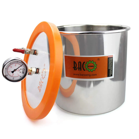 BACOENG 3-Gallon stainless steel vacuum degassing chamber with orange lid, gauge, and fittings.