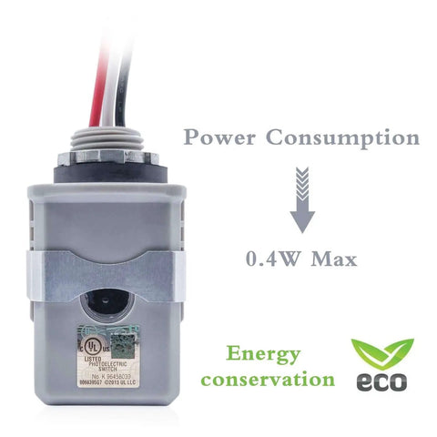 Outdoor Wire In Photocell Switch With Photoelectric Sensor For Stem Mount Lighting MCU Powered Light Control With 5 Second Delay Dusk To Dawn Auto On Off Wide Voltage Range Weatherproof Exterior Photocell Controller JL428C front view with power consumption details