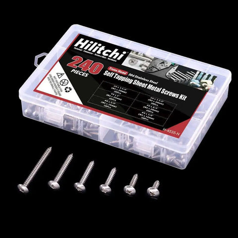 Number 8 304 Stainless Steel Phillips Truss Head Self Tapping Sheet Metal Screws Fully Threaded Assortment Kit Set with 240 pieces