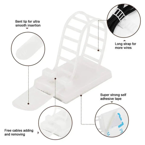 Adhesive Cable Clips and Zip Ties Kit With 50Pcs Zip Ties, 50Pcs Clips, showing detailed features like bent tip and adhesive tape
