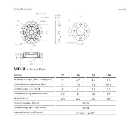 Technical schematic of a Small Hollow Shaft Servo Motor Speed Reducer 52mm Gearbox with strain wave harmonic drive specifications.